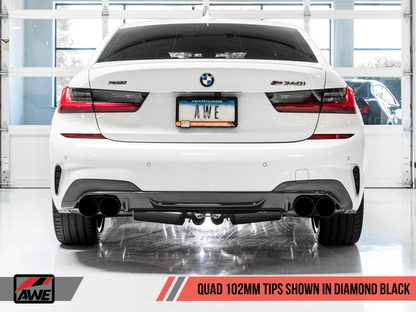 AWE Tuning 2019+ BMW M340i (G20) Resonated Touring Edition Exhaust - Quad Diamond Black Tips - eliteracefab.com