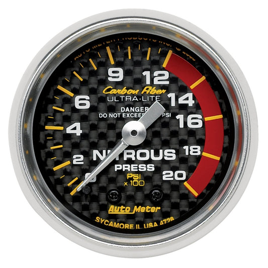 Autometer Carbon Fiber 52mm 1600 PSI Mechanical Nitrous Pressure Gauge 4728