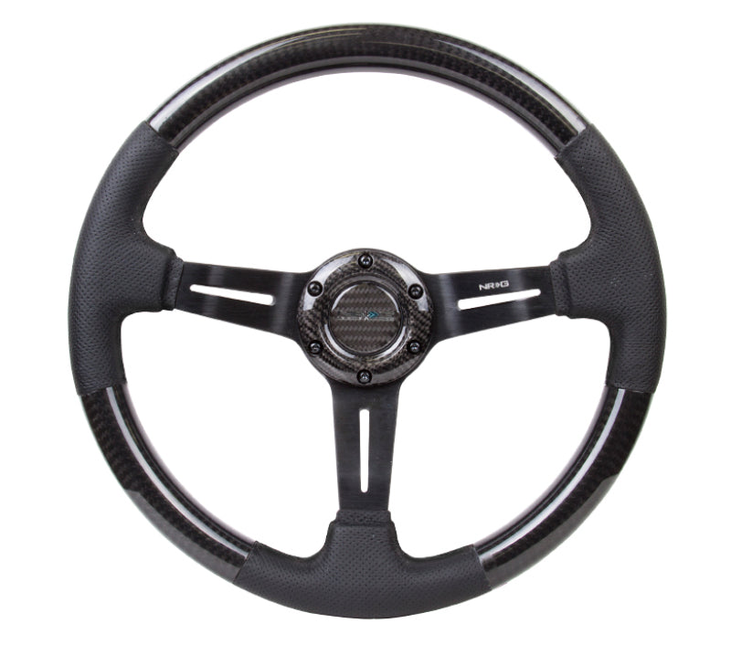 NRG Carbon Fiber Steering Wheel (350mm / 1.5in. Deep) Leather Trim w/Blk Stitch & Slit Cutout Spokes - ST-010CFBS