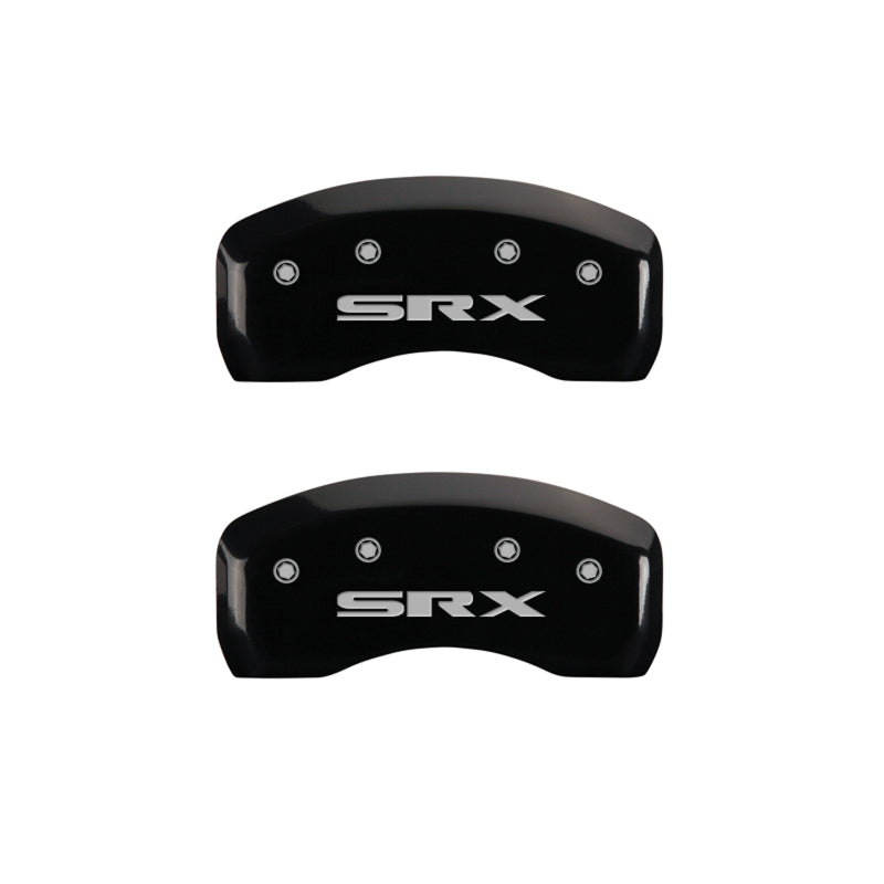 MGP 4 Caliper Covers Engraved Front Cursive/Cadillac Engraved Rear SRX Black finish silver ch MGP