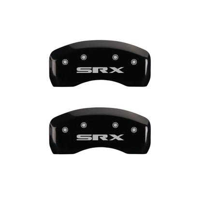 MGP 4 Caliper Covers Engraved Front Cursive/Cadillac Engraved Rear SRX Black finish silver ch MGP