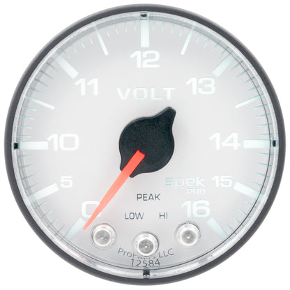 Autometer Spek-Pro Gauge Voltmeter 2 1/16in 16V Stepper Motor W/Peak & Warn Wht/Blk P344128