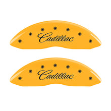 Load image into Gallery viewer, MGP 4 Caliper Covers Engraved Front Cursive/Cadillac Engraved Rear CTS4 Yellow finish black ch