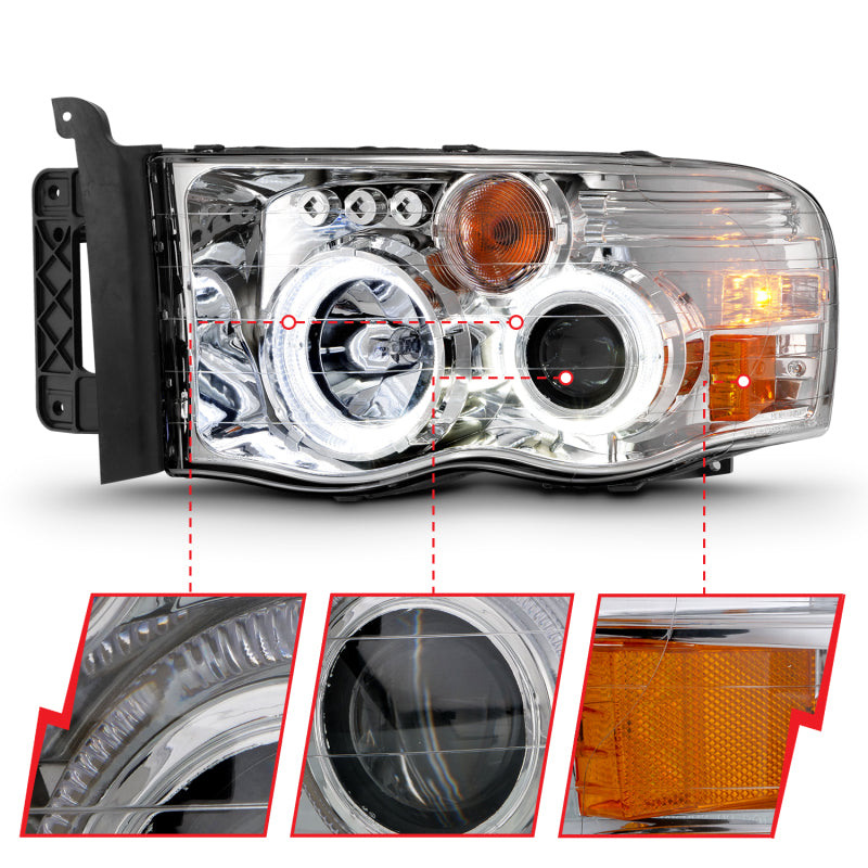 ANZO 2002-2005 Dodge Ram 1500 Projector Headlights w/ Halo Chrome Clear Amber - eliteracefab.com