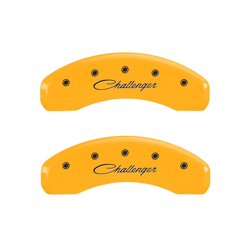 MGP 4 Caliper Covers Engraved Front & Rear Cursive/Challenger Yellow finish black ch MGP