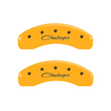 Load image into Gallery viewer, MGP 4 Caliper Covers Engraved Front &amp; Rear Cursive/Challenger Yellow finish black ch MGP