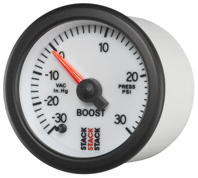 Autometer Stack 52mm -30INHG to +30 PSI (Incl T-Fitting) Pro Stepper Motor Boost Press Gauge - White ST3362