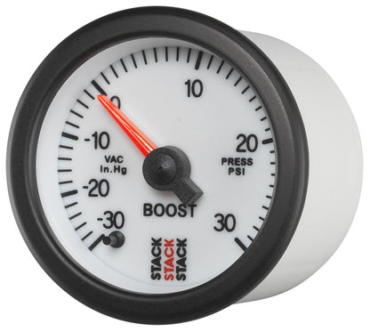 Autometer Stack 52mm -30INHG to +30 PSI (Incl T-Fitting) Pro Stepper Motor Boost Press Gauge - White ST3362