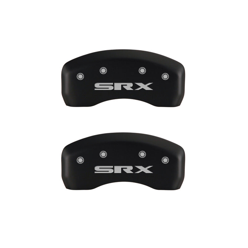 MGP 4 Caliper Covers Engraved Front Cursive/Cadillac Engraved Rear SRX Red finish silver ch MGP