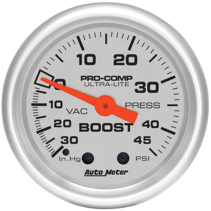 AutoMeter GAUGE; VAC/BOOST; 2 1/16in.; 30INHG-45PSI; MECHANICAL; ULTRA-LITE - eliteracefab.com