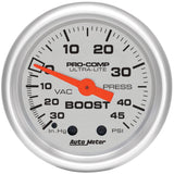 AutoMeter GAUGE; VAC/BOOST; 2 1/16in.; 30INHG-45PSI; MECHANICAL; ULTRA-LITE