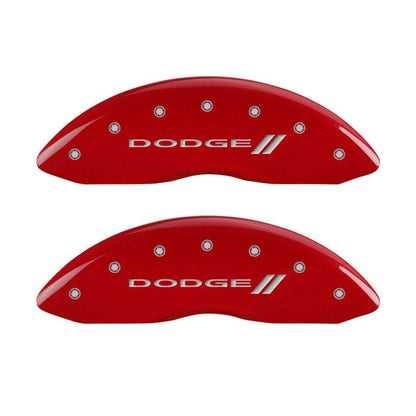 MGP 4 Caliper Covers Engraved Front & Rear With stripes/Dodge Red finish silver ch MGP