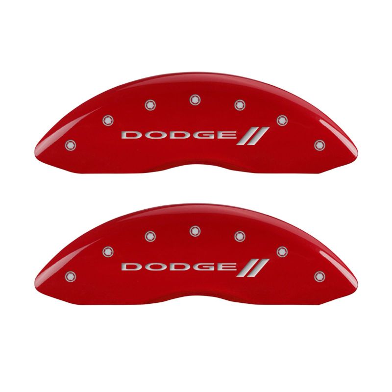 MGP 4 Caliper Covers Engraved Front & Rear With stripes/Dodge Red finish silver ch - eliteracefab.com