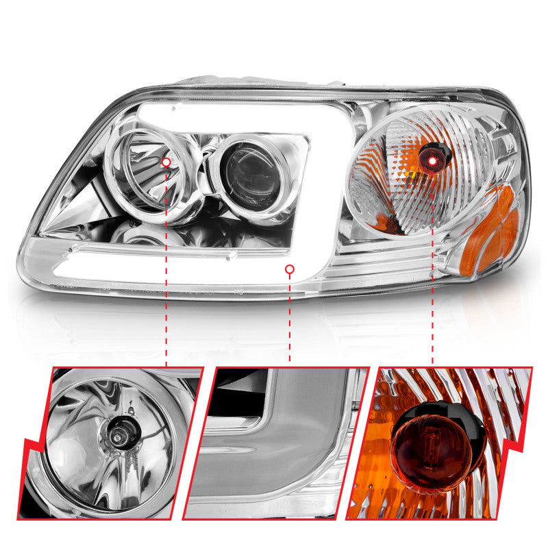 ANZO 1997-2003 Ford F-150 Projector Headlights w/ Light Bar Chrome Housing