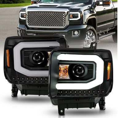 ANZO 2014-2015 GMC Sierra 1500 Projector Headlights w/ Light Bar Black Housing (Halogen Type) - eliteracefab.com