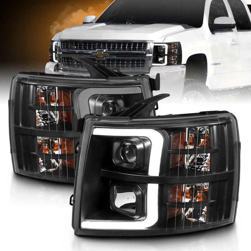 ANZO 07-13 Chevrolet Silverado 3500 Projector Headlights - Black Amber - eliteracefab.com