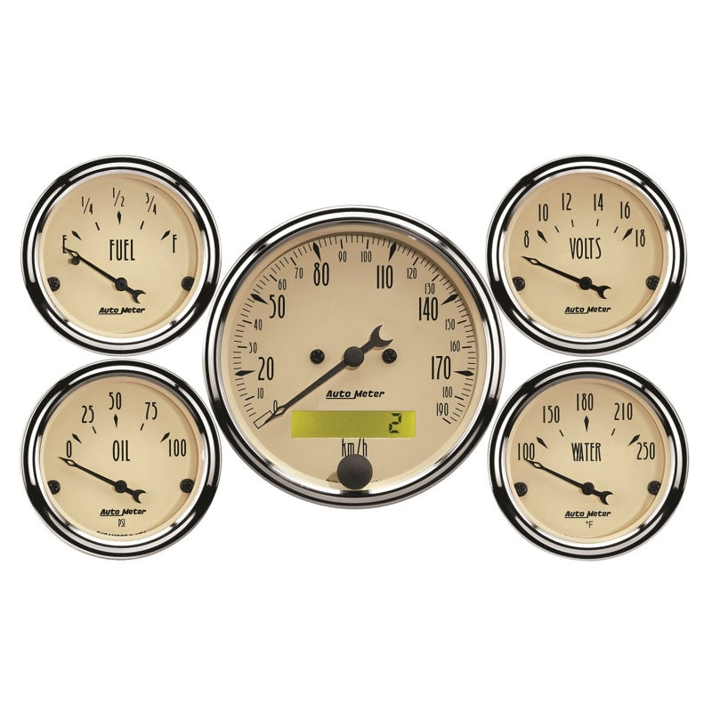 Autometer Antique Beige 5-Gauge Kit 3-1/8in Electrical Speedometer 190KPH - eliteracefab.com