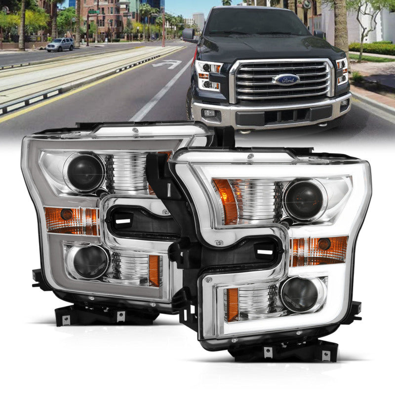 ANZO USA Ford F-150 Projector Headlights W/ Plank Style Switchback Chrome W/ Amber; 2015-2017 - eliteracefab.com