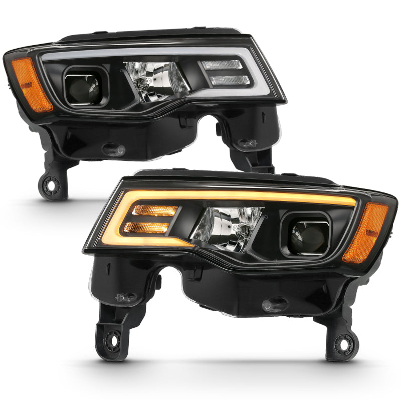 ANZO 2017-2018 Jeep Grand Cherokee Projector Headlights w/ Plank Style Switchback - Black w/ Amber - eliteracefab.com