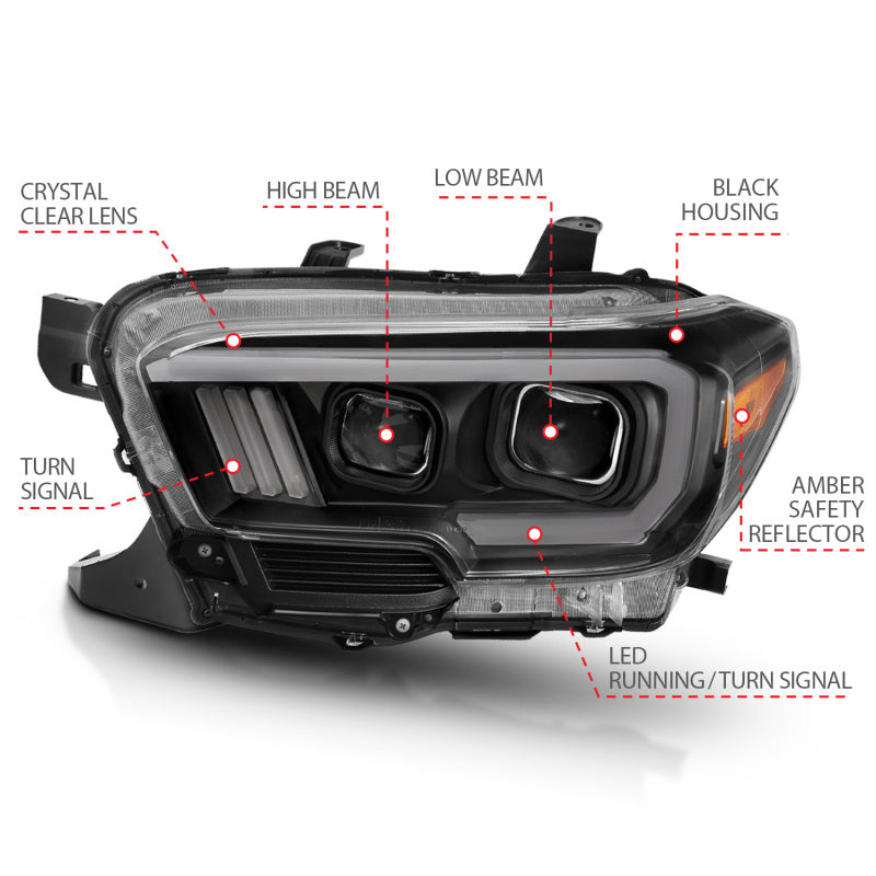 ANZO 2016-2017 Toyota Tacoma Projector Headlights w/ Plank Style Switchback Black w/ Amber - eliteracefab.com