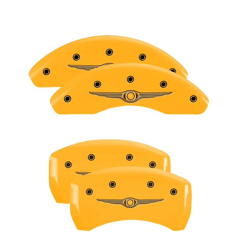 MGP 4 Caliper Covers Engraved Front & Rear Style 1/Chrysler Wing Yellow finish black ch MGP
