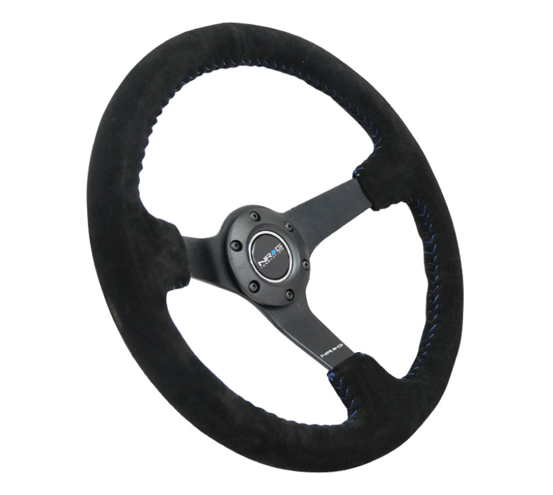 NRG Reinforced Steering Wheel (350mm / 3in. Deep) Blk Suede/Blue BBall Stitch w/5mm Matte Blk Spokes - RST-036MB-S-BL