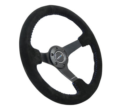 NRG Reinforced Steering Wheel (350mm / 3in. Deep) Blk Suede/Blue BBall Stitch w/5mm Matte Blk Spokes - RST-036MB-S-BL
