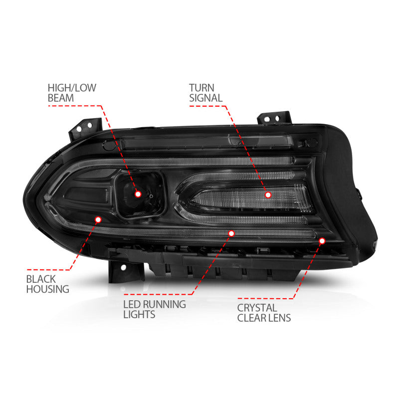 ANZO 2015-2018 Dodge Charger Projector Headlights Plank Style Black - eliteracefab.com