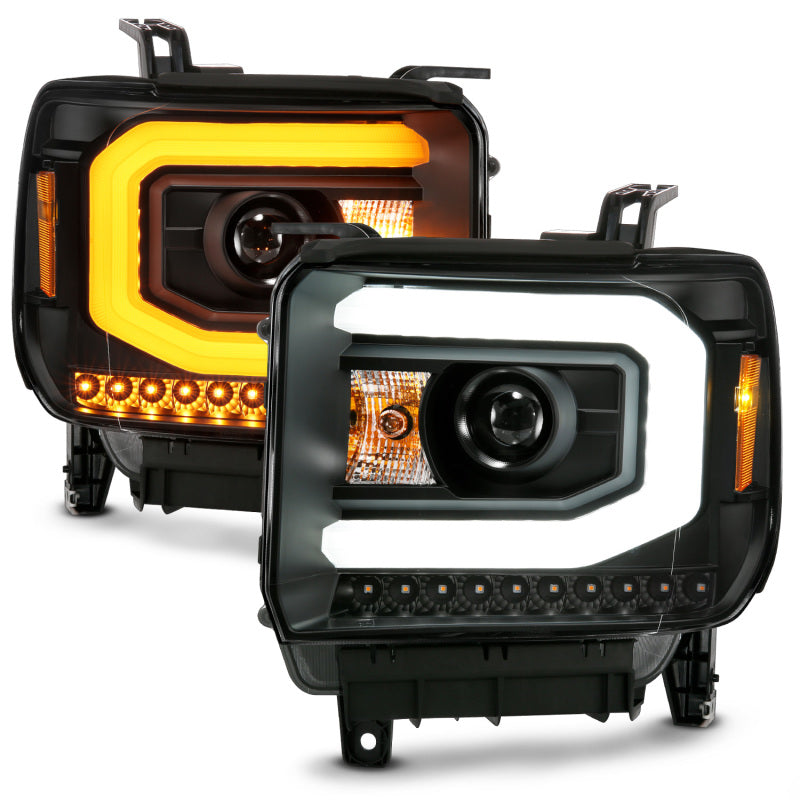 ANZO 2014-2015 Gmc Sierra 1500 Projector Headlight Plank Style Black w/ Switchback (Halogen Type) - eliteracefab.com