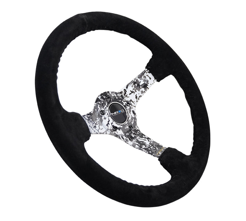 NRG Reinforced Sport Steering Wheel 350mm 3 Inch Deep Hydro Dipped Digital Camo 5mm spoke Black Suede Black Baseball Stitching - eliteracefab.com