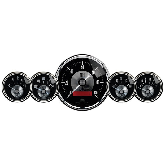 AutoMeter Gauge Kit 5 Pc 3-3/8in. & 2-1/16in. Elec Speedo W/Lcd Odo Prestige Blk. Diamond 2001