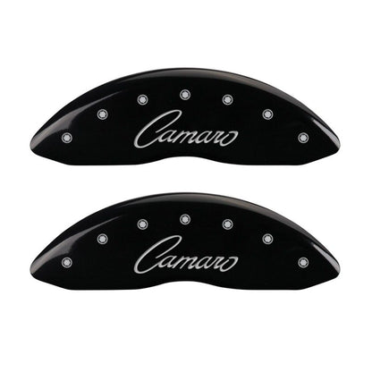MGP 4 Caliper Covers Engraved Front & Rear Cursive/Camaro Black finish silver ch MGP