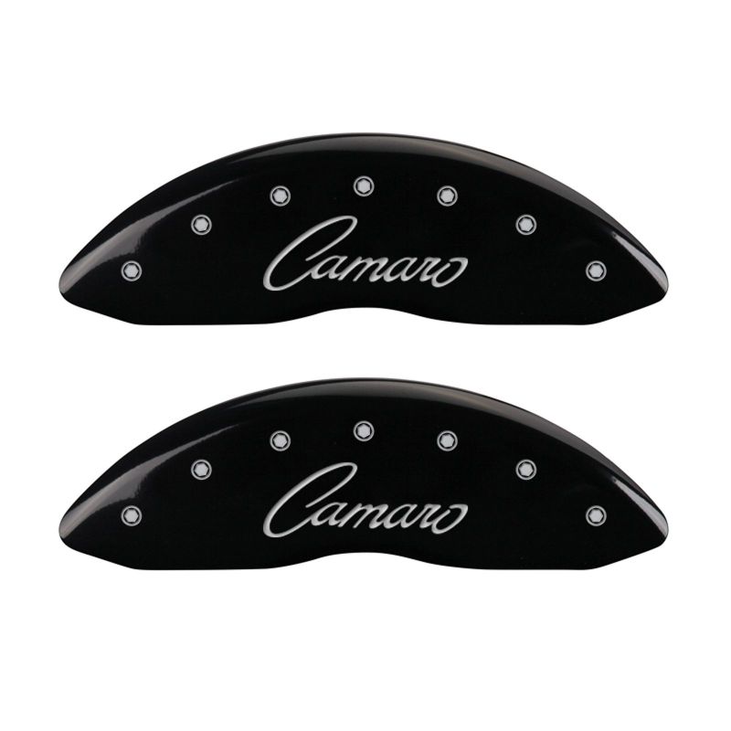 MGP 4 Caliper Covers Engraved Front & Rear Cursive/Camaro Black finish silver ch MGP