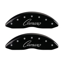 Load image into Gallery viewer, MGP 4 Caliper Covers Engraved Front &amp; Rear Cursive/Camaro Black finish silver ch MGP