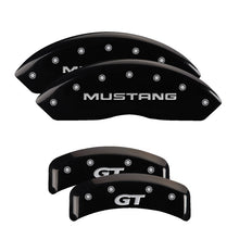 Load image into Gallery viewer, MGP 4 Caliper Covers Engraved Front Mustang Engraved Rear SN95/GT Black finish silver ch - eliteracefab.com