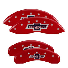 Load image into Gallery viewer, MGP 4 Caliper Covers Engraved F &amp; R 100 Anniversary Red Finish Silver Char 2019 Chevy Silverado 1500 - eliteracefab.com