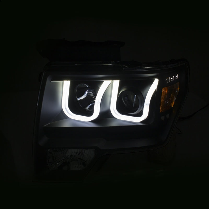 ANZO 2009-2014 Ford F-150 Projector Headlights w/ U-Bar Switchback Black w/ Amber - eliteracefab.com