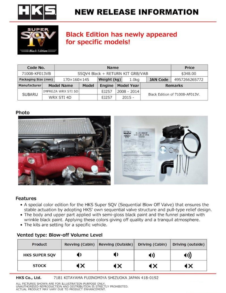 HKS Super SQV4 Blow Off Valve Kit with Return Kit Black Edition GRB/VAB Subaru Impreza | WRX | STI 2008-2020 - eliteracefab.com
