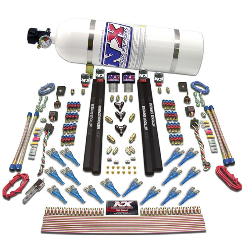 Nitrous Express Shark Dual Stage/Gas/Rails 16 Nozzles Nitrous Kit (200-1200HP) w/15lb Bottle