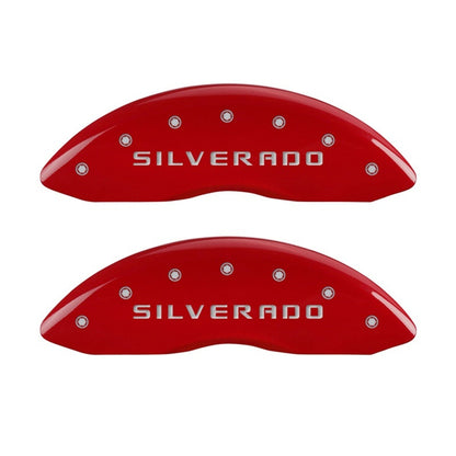 MGP Front set 2 Caliper Covers Engraved Front Silverado Red finish silver ch MGP
