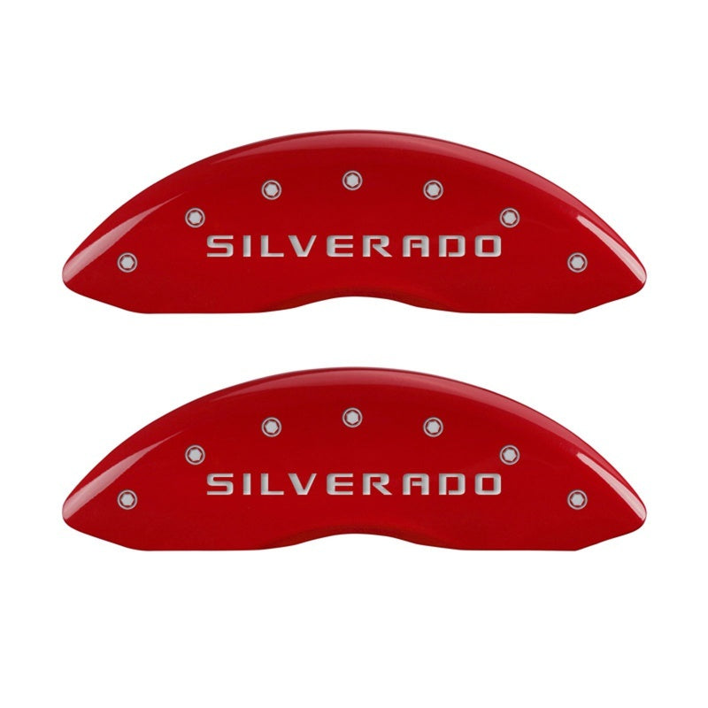 MGP Front set 2 Caliper Covers Engraved Front Silverado Red finish silver ch MGP