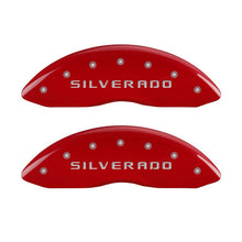 Load image into Gallery viewer, MGP Front set 2 Caliper Covers Engraved Front Silverado Red finish silver ch MGP