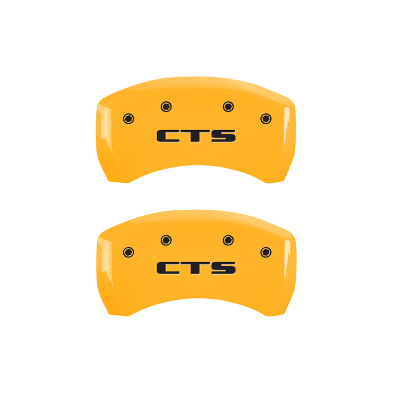 MGP 4 Caliper Covers Engraved Front Cursive/Cadillac Engraved Rear CTS Yellow finish black ch MGP