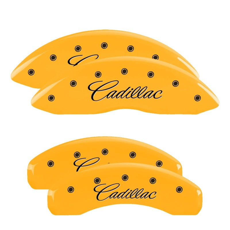 MGP 4 Caliper Covers Engraved Front & Rear Cursive/Cadillac Yellow finish black ch MGP