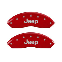 Load image into Gallery viewer, MGP 4 Caliper Covers Engraved Front &amp; Rear JEEP Red finish silver ch - eliteracefab.com