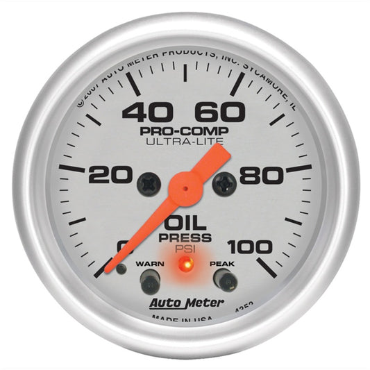 Autometer Ultra-Lite 52mm 0-100 PSI F/S Electronic Oil Pressure w/ Peak Memory & Warning Gauge 4352