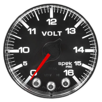 Autometer Spek-Pro Gauge Voltmeter 2 1/16in 16V Stepper Motor W/Peak & Warn Blk/Chrm P344318