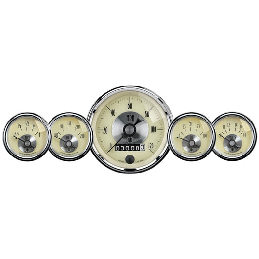 AutoMeter Gauge Kit 5 Pc 3-3/8in. & 2-1/16in. Elec Speedo W/Wheel Odo Prestige Antq. Ivory 2002