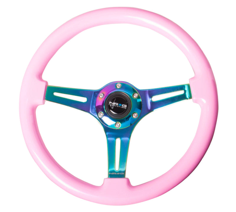 NRG Classic Wood Grain Steering Wheel (350mm) Solid Pink Painted Grip w/Neochrome 3-Spoke Center - eliteracefab.com