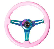 Load image into Gallery viewer, NRG Classic Wood Grain Steering Wheel (350mm) Solid Pink Painted Grip w/Neochrome 3-Spoke Center - eliteracefab.com